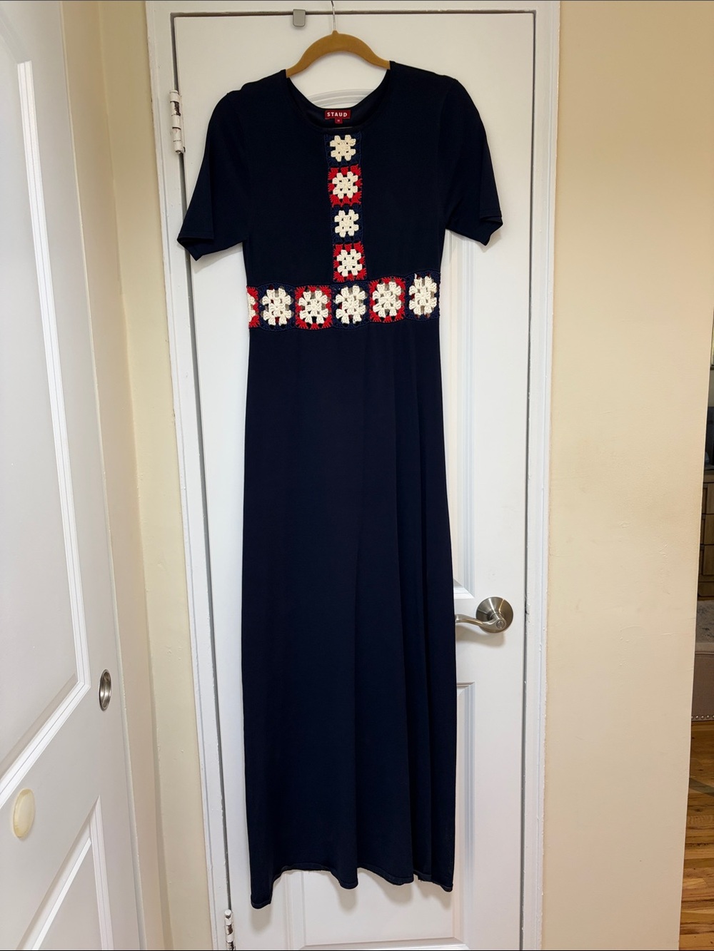 Staud Navy Maxi Dress with Red & White Crochet Details